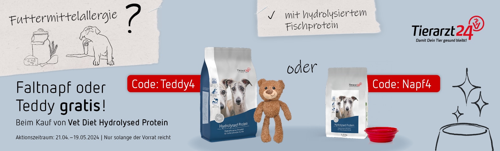 Tierarzt24 Vet Diet Hydrolized Protein Hund + Bär oder Faltnapf